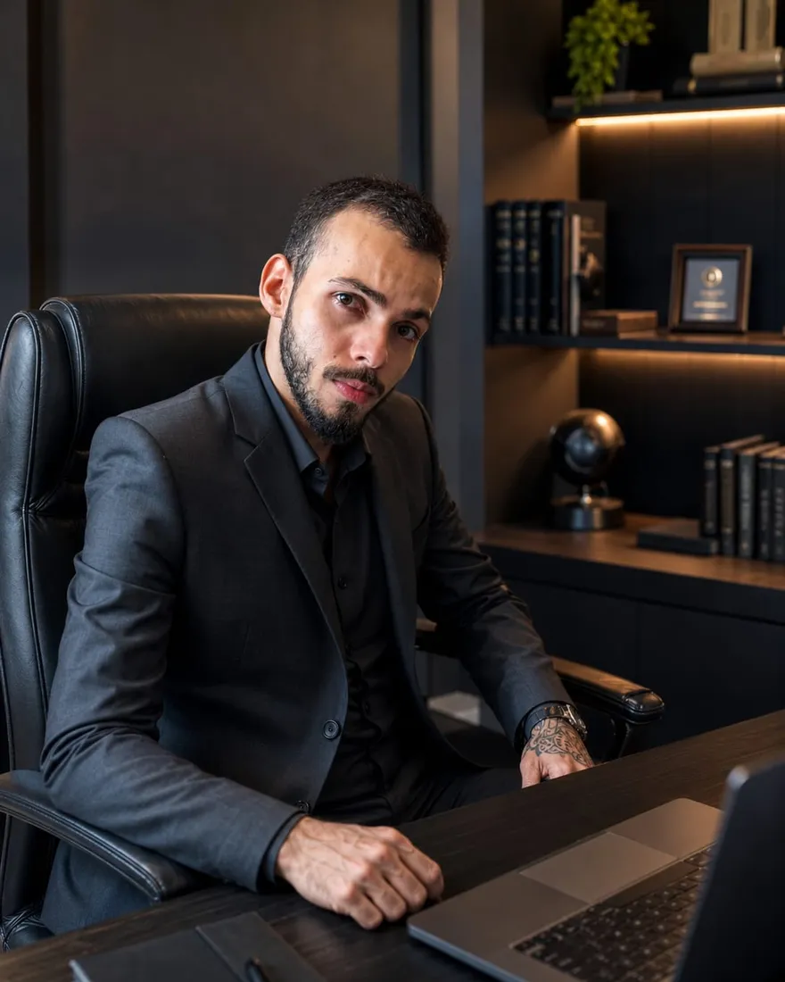 Eduardo Henrique, fundador da Dream Harbor, sentado à mesa com o notebook aberto