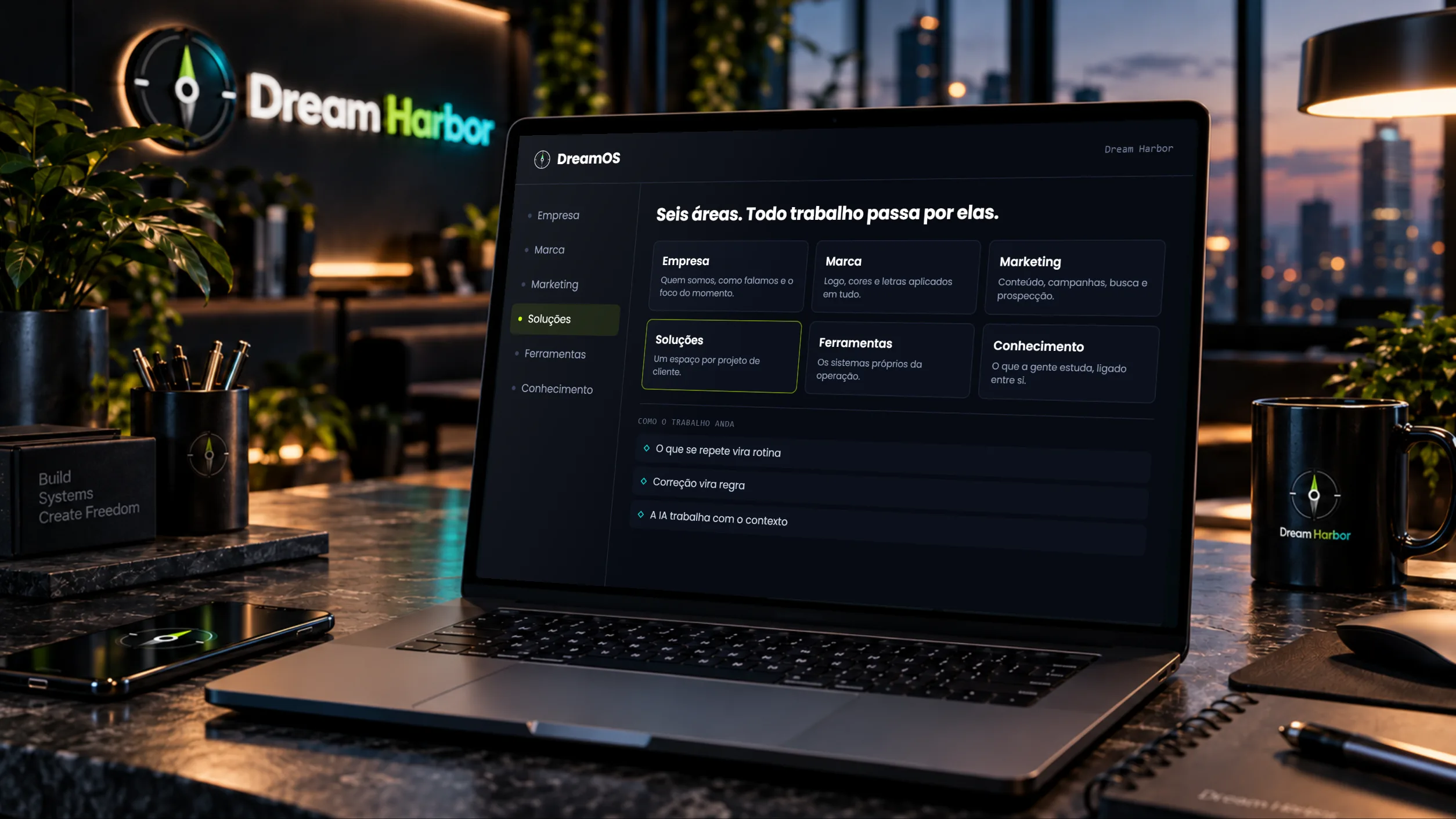 Notebook aberto com o DreamOS na tela, mostrando as seis áreas em que a Dream Harbor se organiza